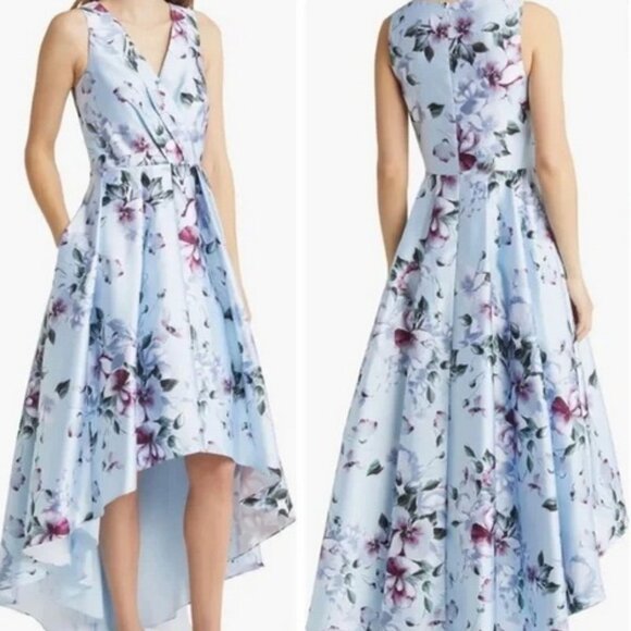 Eliza J Blue Sky Combo Floral High-Low Cocktail Dress - Picture 1 of 3